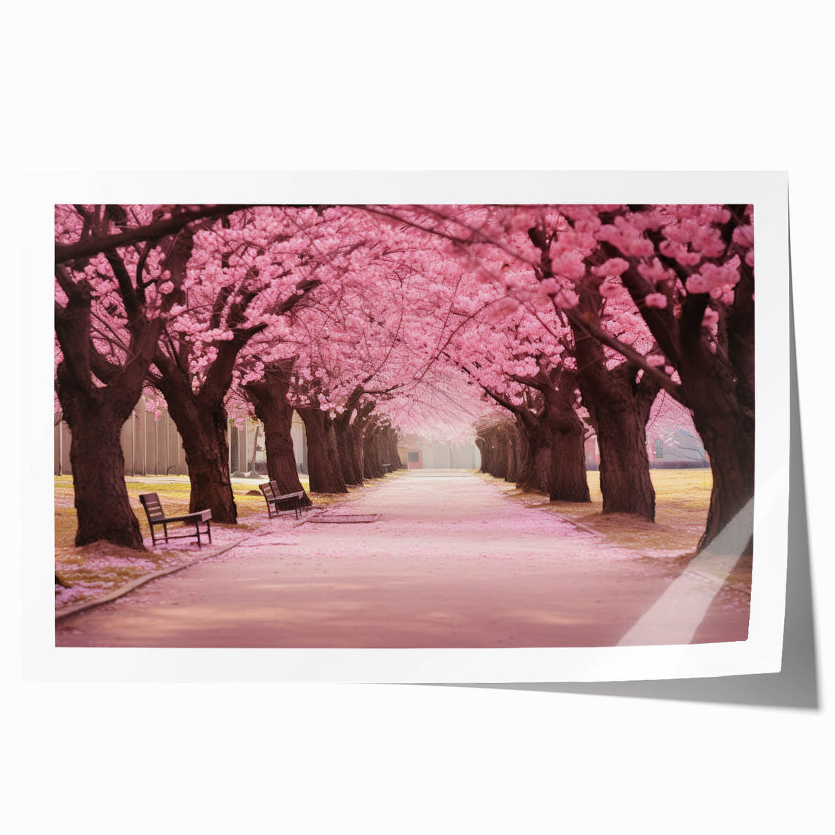 Cherry blossom wall art print showcasing delicate pink blossoms against a soft white background, rolled for easy display and transportation, ideal for home decor.