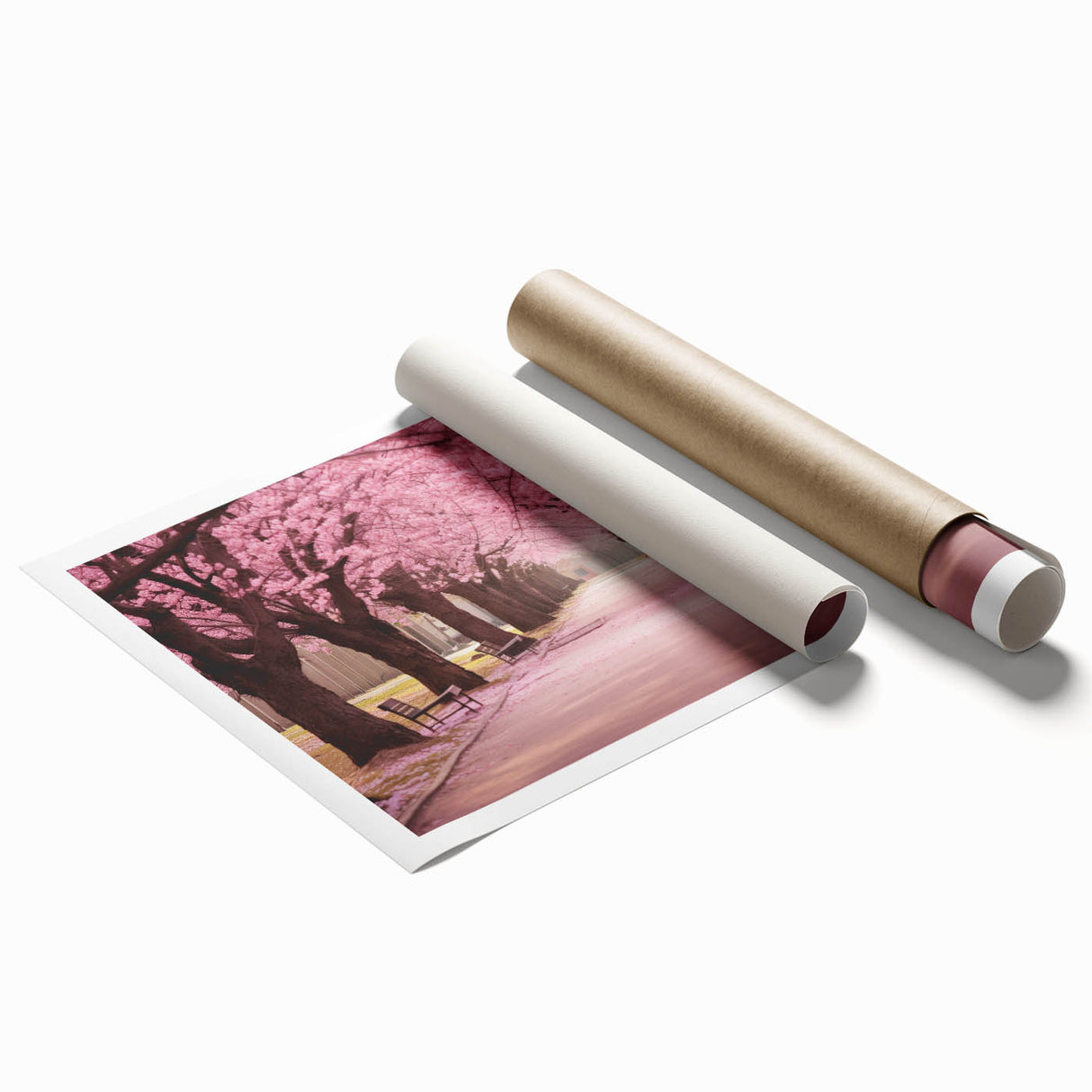 Cherry blossom botanical wall art print showcasing delicate pink flowers on a soft white background, elegantly rolled for easy display and storage.