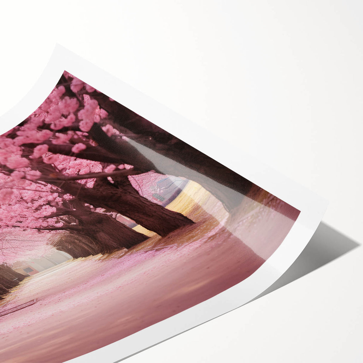 Cherry blossom wall art print showcasing delicate pink flowers on a soft pastel background, rolled and ready for framing, perfect for home decor enthusiasts.