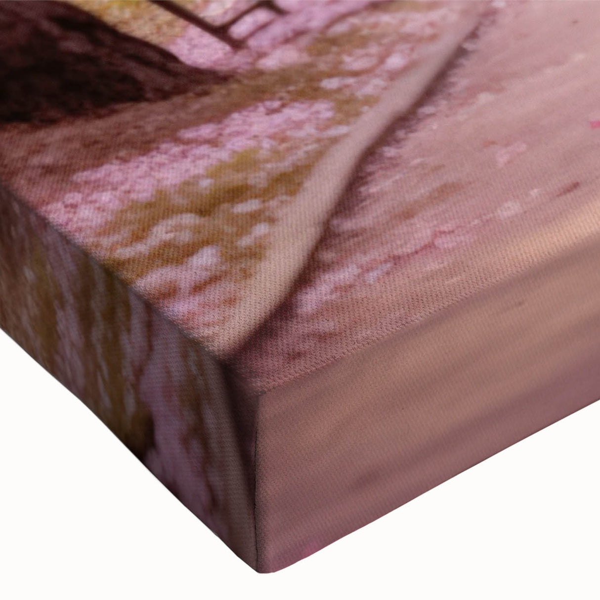 Close-up of a stretched canvas wall art showcasing a vibrant botanical cherry blossom design, highlighting delicate pink flowers against a soft green background, perfect for enhancing home decor.
