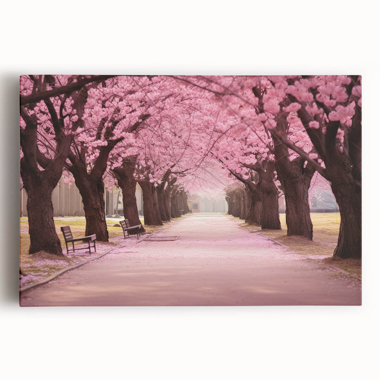 Cherry blossom wall art design on stretched canvas, showcasing delicate pink flowers against a soft white background, perfect for enhancing home decor.