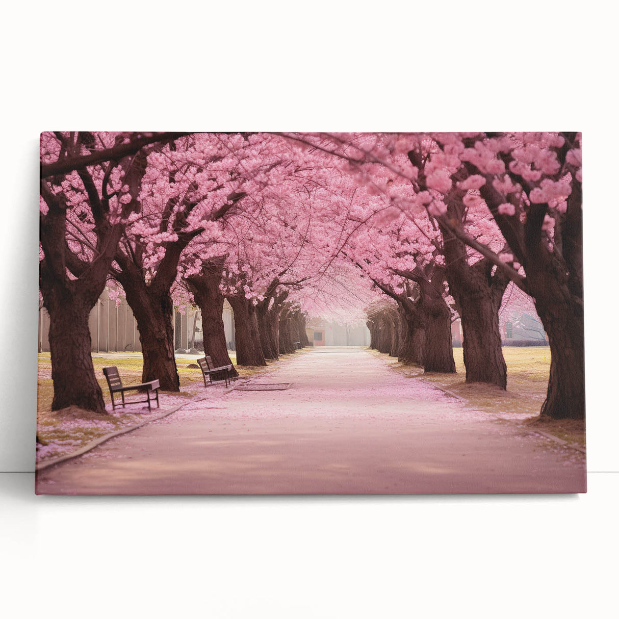 Cherry blossom wall art featuring a delicate pink floral design on stretched canvas, elegantly leaning against a neutral backdrop, ideal for home decor.