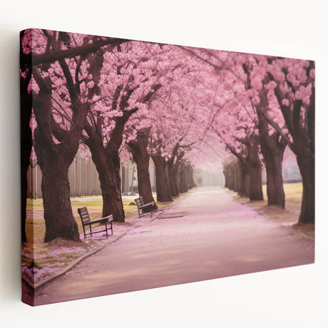 Stretched canvas wall art showcasing a vibrant cherry blossom botanical design in soft pink and white hues, presented in a sleek side view for home decor enhancement.