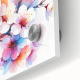 Close-up of a botanical cherry blossom design wall art print featuring vibrant pink blossoms against a soft, blurred background, perfect for home decor.