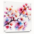 Side view of an acrylic glass wall art piece showcasing a delicate cherry blossom botanical design, elegantly mounted with pins for display. The artwork features soft pink petals against a subtle background, perfect for adding a serene touch to home decor.