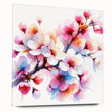Cherry blossom botanical wall art displayed from the side, featuring delicate pink flowers and green leaves, elegantly mounted on acrylic glass for a modern look.