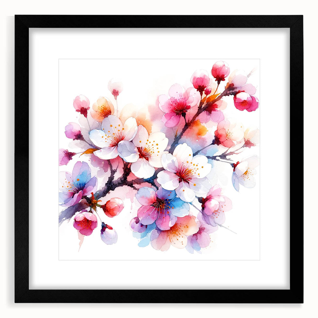 Black-framed wall art featuring an elegant botanical cherry blossom design, showcasing intricate pink flowers and lush green foliage, ideal for home decor enhancement.