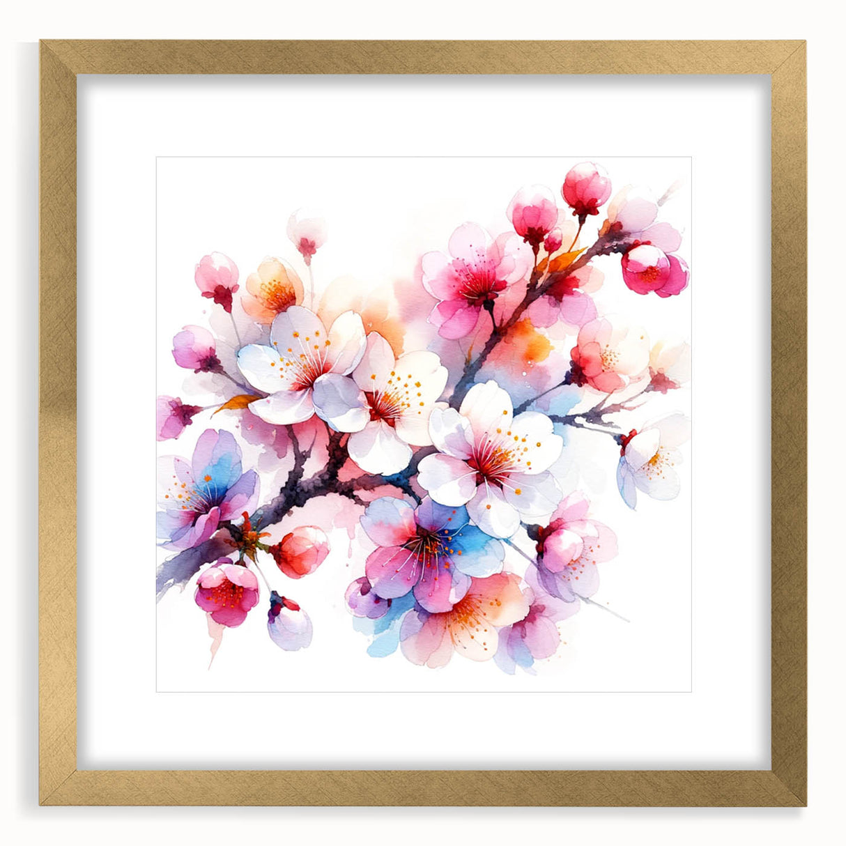 Elegant botanical wall art featuring a delicate cherry blossom design framed in gold, showcasing a sophisticated matting detail. Ideal for enhancing home decor and bringing nature indoors.