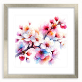 Cherry blossom wall art framed in silver with a mat, showcasing delicate pink flowers against a soft white background, perfect for enhancing modern decor.