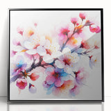 Framed wall art showcasing a botanical cherry blossom design in vibrant pink and white hues, displayed in a sleek black frame, ideal for home decor.