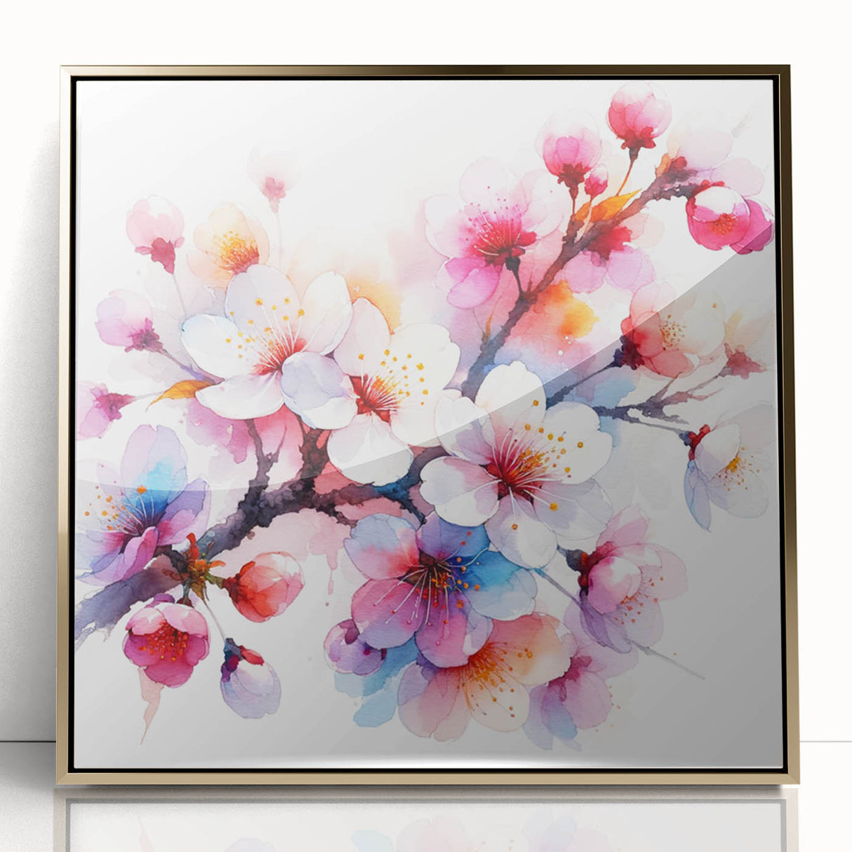 Framed wall art featuring a botanical cherry blossom design with delicate pink flowers and intricate gold accents, adding elegance to any decor.