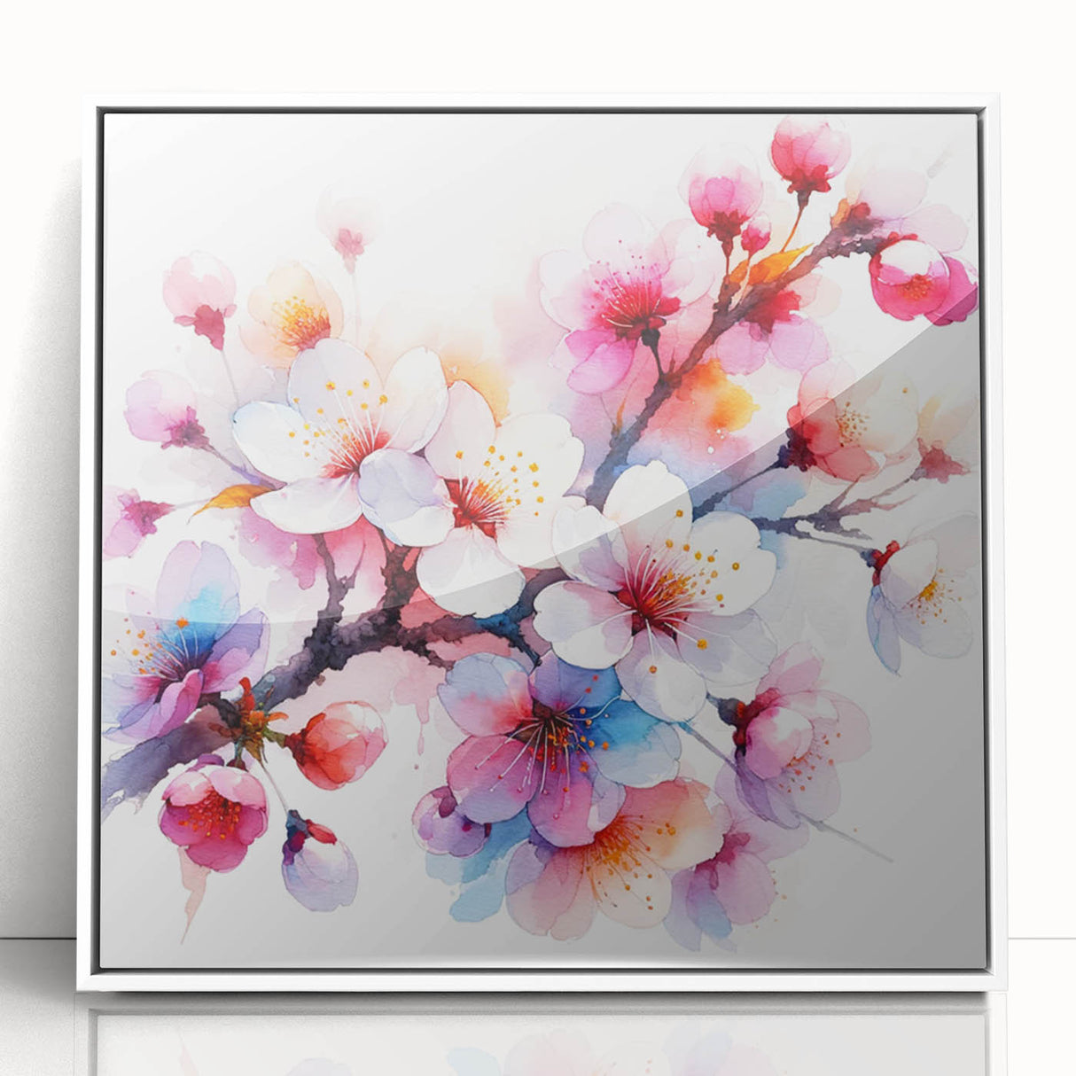 Framed wall art featuring a botanical cherry blossom design in soft pink and white tones, displayed in an elegant white frame, ideal for home decor.