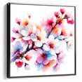 Framed canvas wall art showcasing a botanical cherry blossom design in vibrant pink and white hues, viewed from the side with a sleek black frame, perfect for home decor.