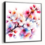 Framed canvas wall art showcasing a botanical cherry blossom design in vibrant pink and white hues, viewed from the side with a sleek black frame, perfect for home decor.
