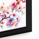Close-up of a framed botanical wall art piece showcasing vibrant cherry blossoms against a soft background, highlighting intricate details and elegant design.