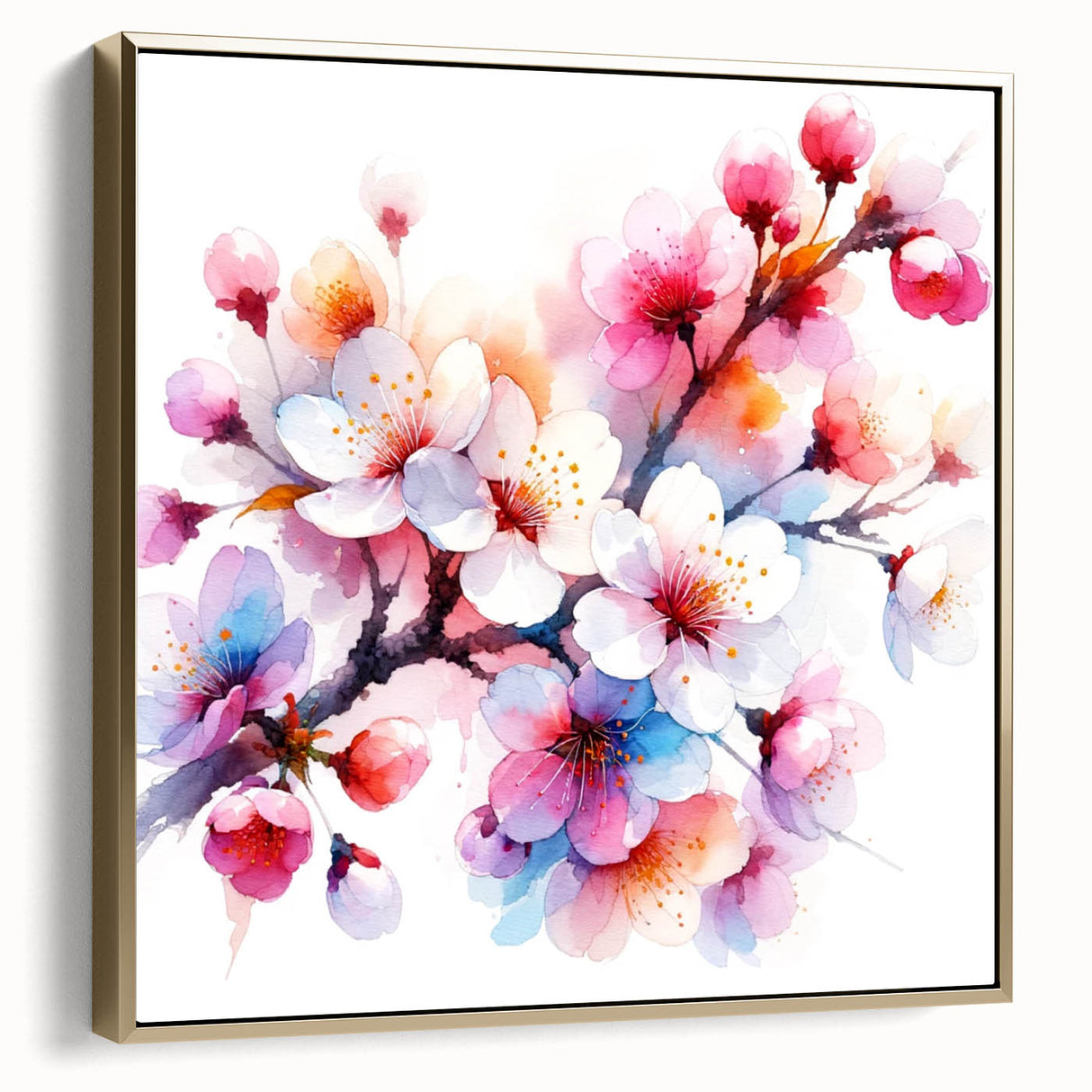 Framed botanical wall art featuring delicate cherry blossom design in soft pink hues, accented with silver and gold tones, ideal for elegant home decor.