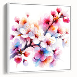 Framed canvas wall art showcasing a vibrant botanical cherry blossom design against a white background, emphasizing floral beauty and elegance for modern decor.