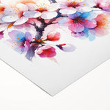 Cherry blossom wall art design on rolled canvas, showcasing delicate pink flowers against a soft white background, ideal for home decor or gifting.