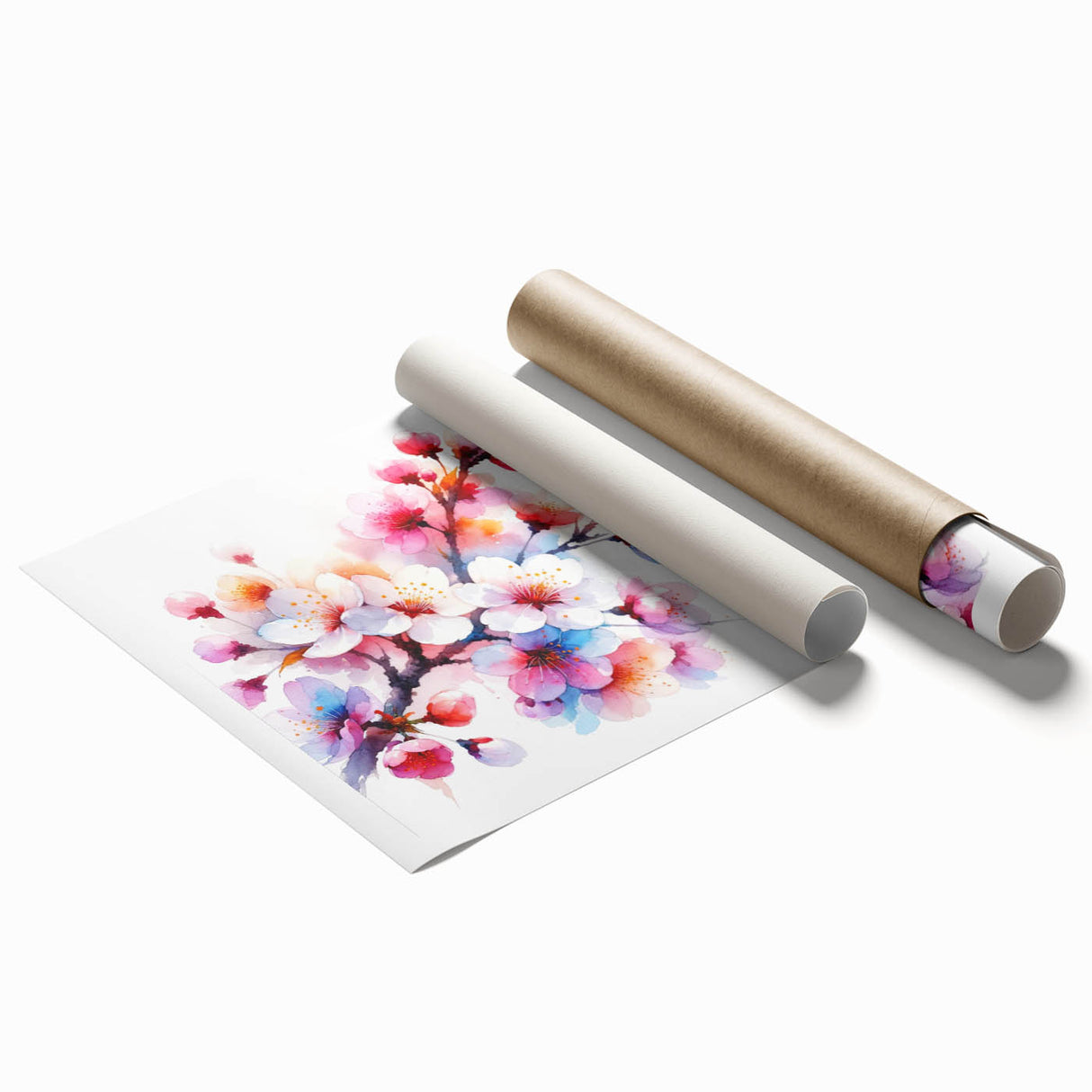 Delicate cherry blossom wall art print featuring intricate pink flowers against a soft white background, ideal for home decor and nature enthusiasts.