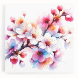 Cherry blossom wall art design on stretched canvas, showcasing delicate pink flowers and green leaves against a white background, perfect for botanical decor enthusiasts.