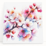 Stretched canvas art featuring a delicate cherry blossom design in soft pink and white tones, perfect for adding a botanical touch to home decor. The artwork leans against a light backdrop, showcasing its elegant floral details and vibrant colors.