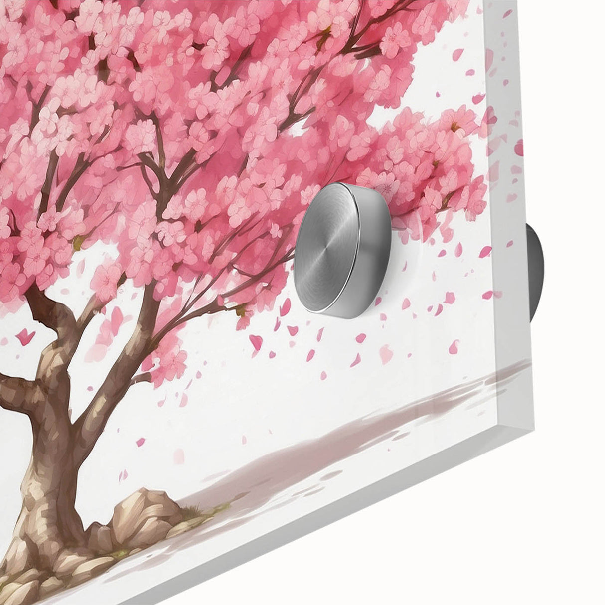 Close-up view of a botanical cherry blossom wall art design printed on acrylic glass, showcasing delicate pink flowers and vibrant green leaves, perfect for home decor.