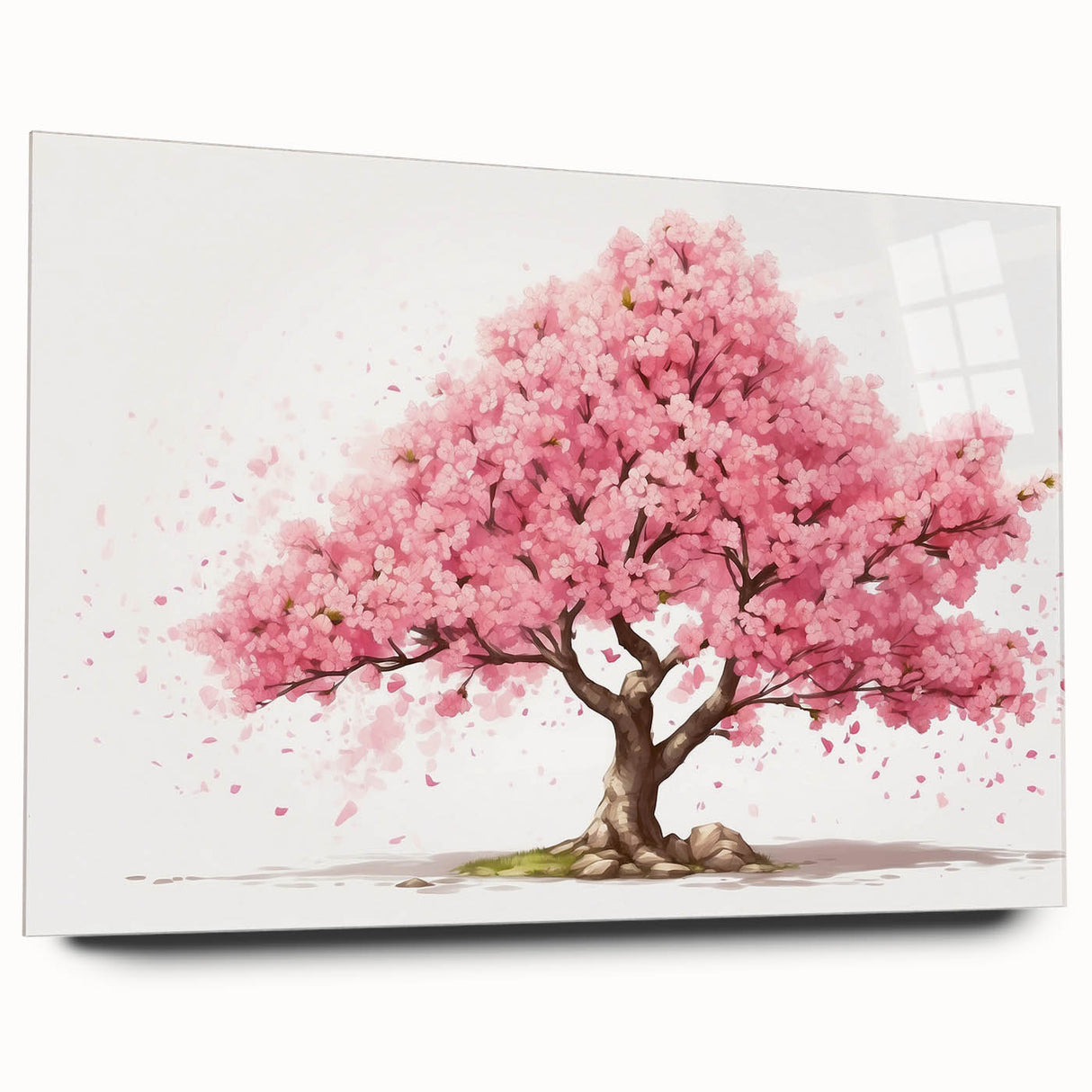 Elegant cherry blossom wall art design displayed in a sleek acrylic glass frame, showcasing delicate pink flowers and intricate botanical details, perfect for home decor.