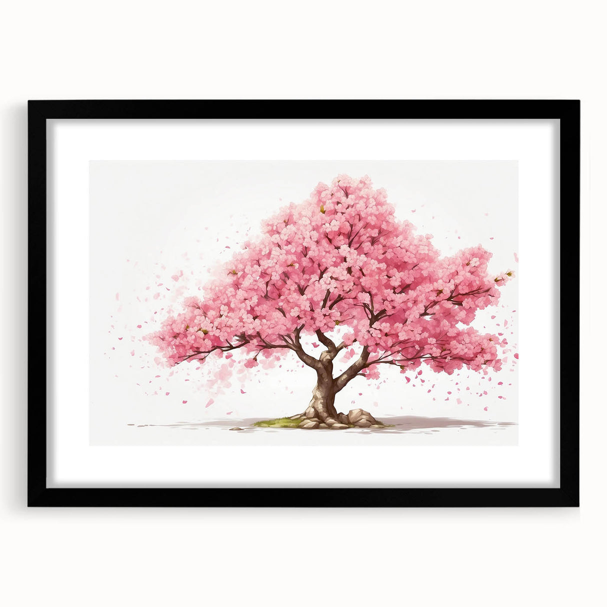 Framed black wall art showcasing a vibrant botanical cherry blossom design with intricate details and a white mat, perfect for home decor enhancement.