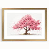 Elegant botanical wall art featuring cherry blossom design, framed with a gold finish and matting, perfect for enhancing home decor with a touch of nature.