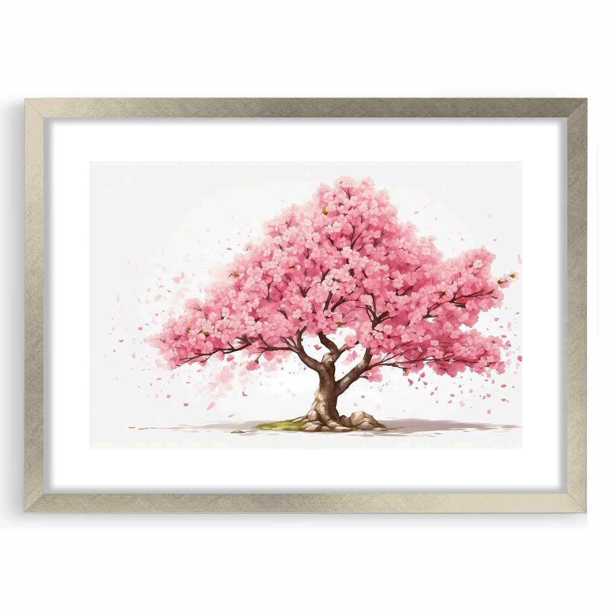 Cherry blossom wall art print in a silver frame with matting, showcasing delicate pink flowers against a soft background, perfect for home decor.