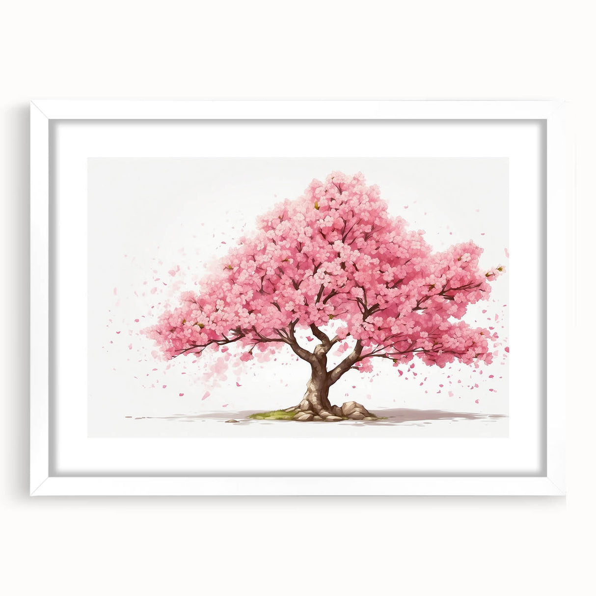 Cherry blossom botanical wall art framed with a white mat, showcasing delicate pink flowers against a light background. Perfect for spring decor.