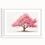 Cherry blossom botanical wall art framed with a white mat, showcasing delicate pink flowers against a light background. Perfect for spring decor.