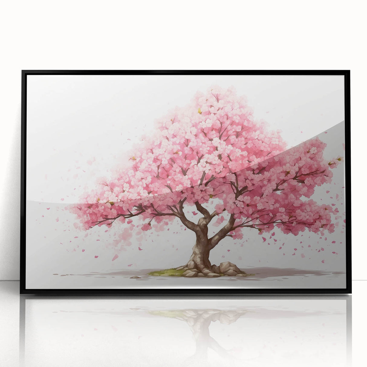 Framed acrylic wall art showcasing a vibrant botanical cherry blossom design, featuring delicate pink flowers on a black background, ideal for modern decor.