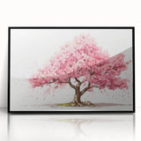 Framed acrylic wall art showcasing a vibrant botanical cherry blossom design, featuring delicate pink flowers on a black background, ideal for modern decor.
