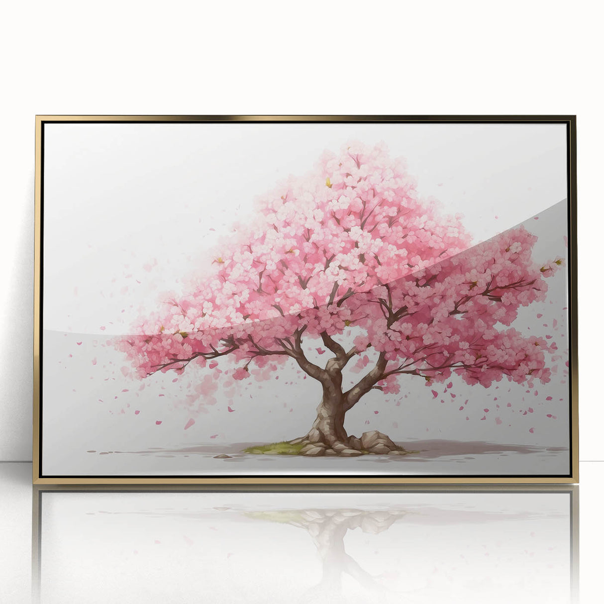 Framed wall art showcasing a delicate cherry blossom design, featuring soft pink petals and intricate botanical details, set against a sleek gold frame, perfect for enhancing home decor.