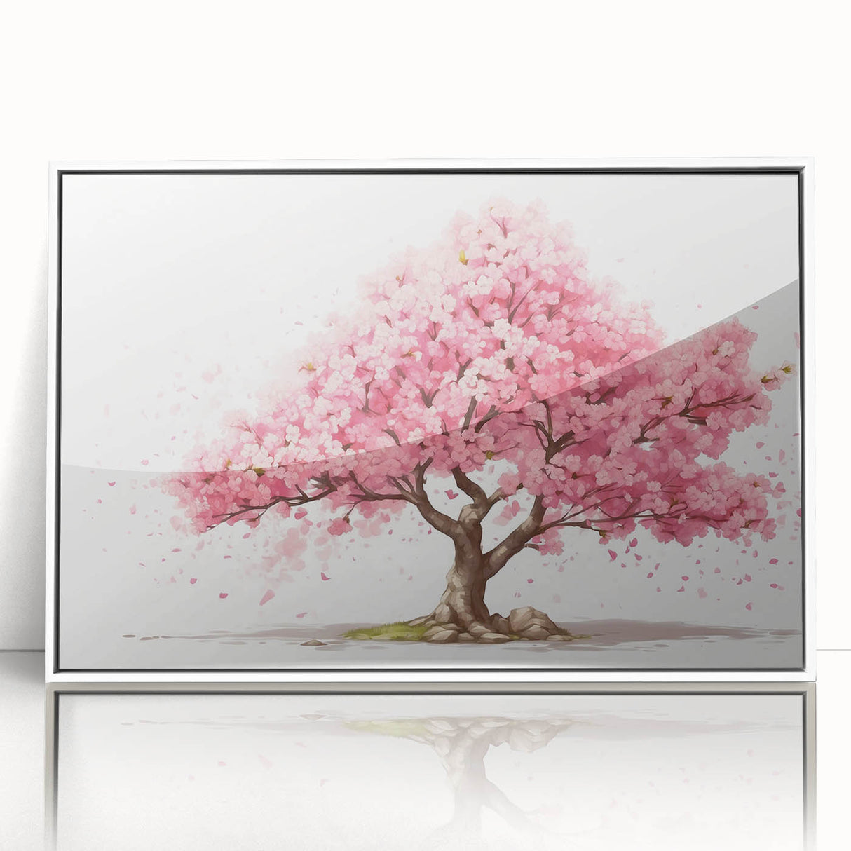 Framed wall art showcasing a botanical cherry blossom design in soft pink and white hues, presented with an elegant white frame, ideal for home decor.