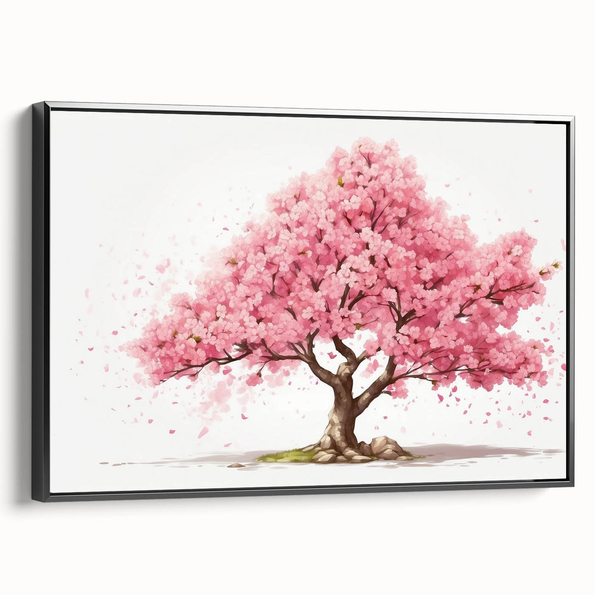 Framed wall art featuring a botanical cherry blossom design, showcasing delicate pink flowers on a black background, perfect for enhancing modern decor.
