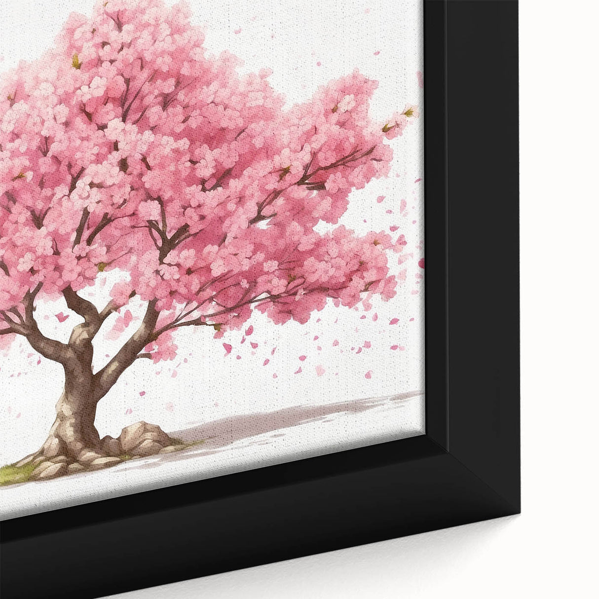 Close-up of a framed botanical wall art piece featuring delicate cherry blossoms in soft pink hues, showcasing intricate floral details and a modern aesthetic. Perfect for enhancing home decor with a touch of nature-inspired elegance.