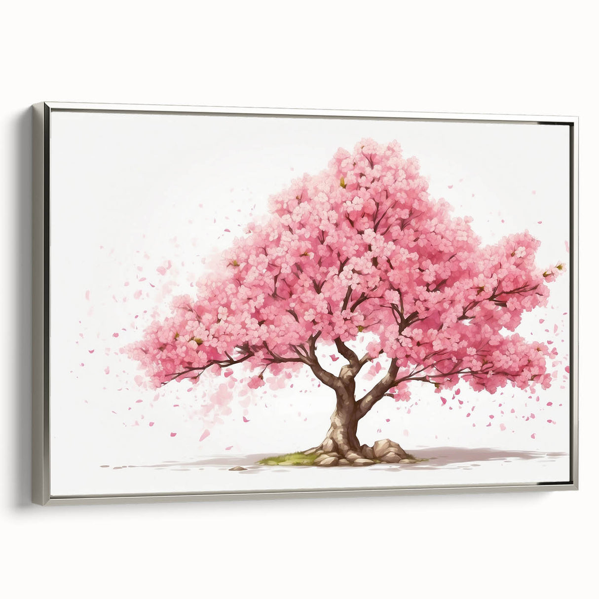 Framed canvas wall art featuring a botanical cherry blossom design, elegantly displayed in a silver frame, perfect for enhancing home decor with a touch of nature.