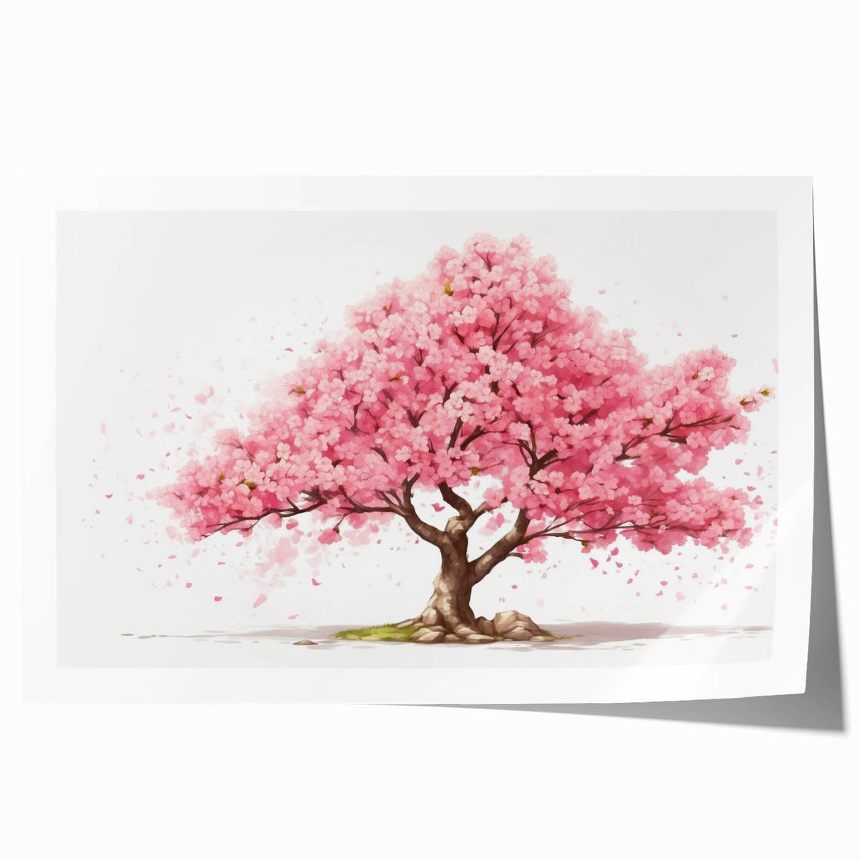 Elegant cherry blossom wall art print featuring delicate pink flowers against a soft white background, rolled for easy display and shipping. Ideal for home decor.