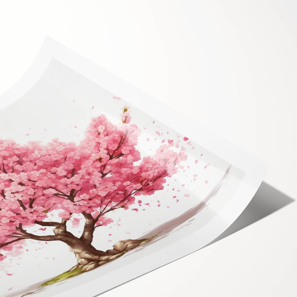 Cherry blossom wall art print showcasing delicate pink flowers with intricate details on a soft white background, rolled for easy display and shipping.