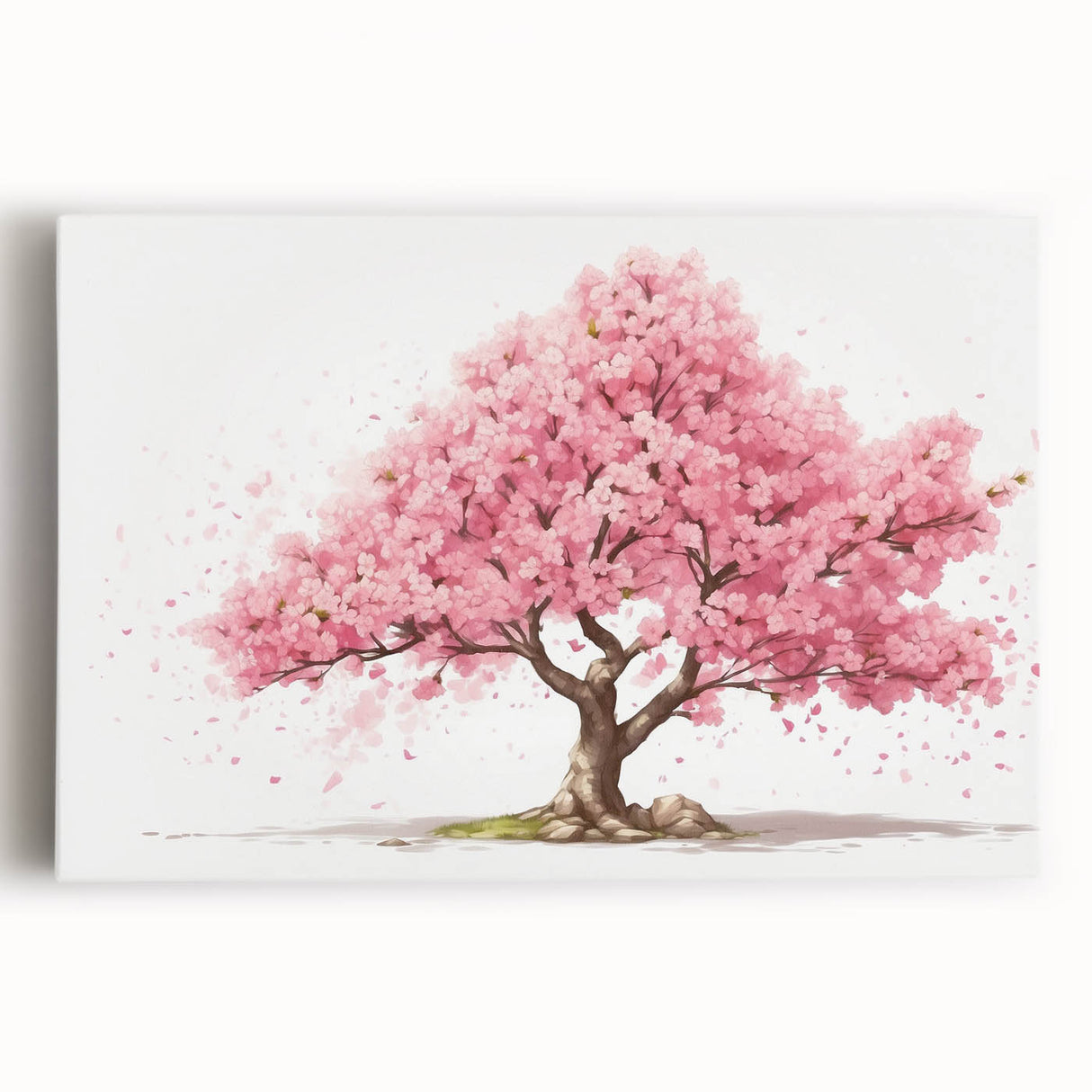 Stretched canvas wall art showcasing a vibrant cherry blossom botanical design, featuring pink floral details against a soft white background, perfect for home decor.