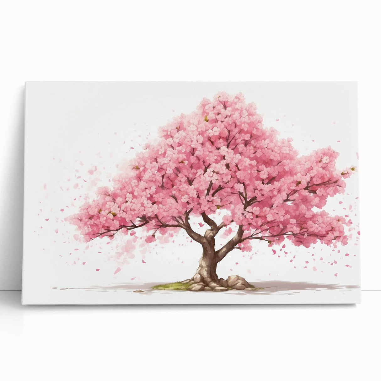 Stretched canvas wall art showcasing a delicate cherry blossom design, featuring soft pink flowers and green leaves, perfect for enhancing home decor aesthetics.