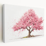 Stretched canvas wall art showcasing a beautiful cherry blossom botanical design, featuring delicate pink flowers and vibrant green leaves, ideal for home decor.
