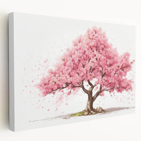 Stretched canvas wall art showcasing a beautiful cherry blossom botanical design, featuring delicate pink flowers and vibrant green leaves, ideal for home decor.