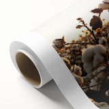 Botanical-themed rolled canvas wall art featuring vibrant floral designs on a textured surface, ideal for home decor. Packaged securely in a cardboard tube for protection during shipping.
