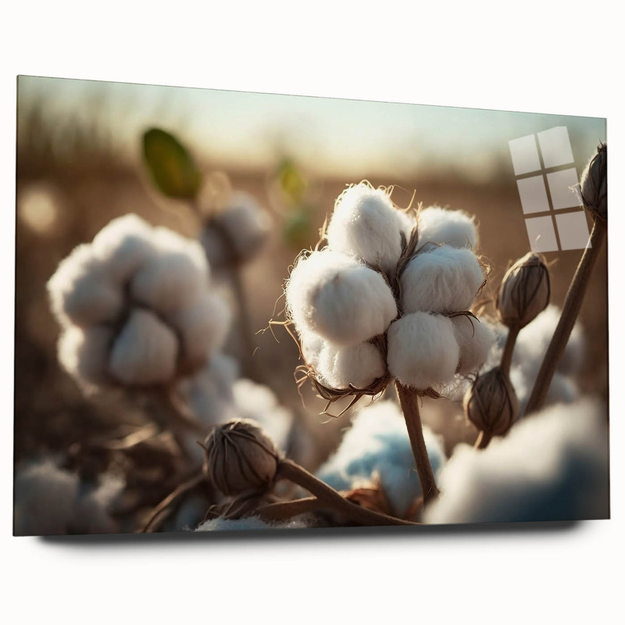 Botanical cotton wall art design showcasing vibrant flowers in a side view, framed with acrylic glass for a sleek finish, ideal for home decor.