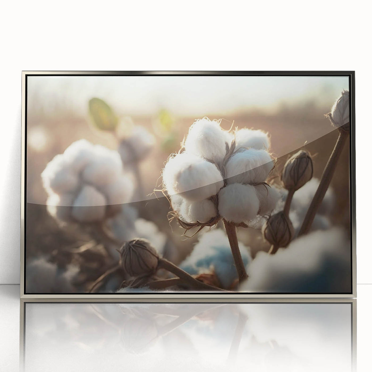 Framed wall art featuring a botanical cotton design with vibrant flowers, set in a sleek silver frame, perfect for home decor and adding a touch of nature.