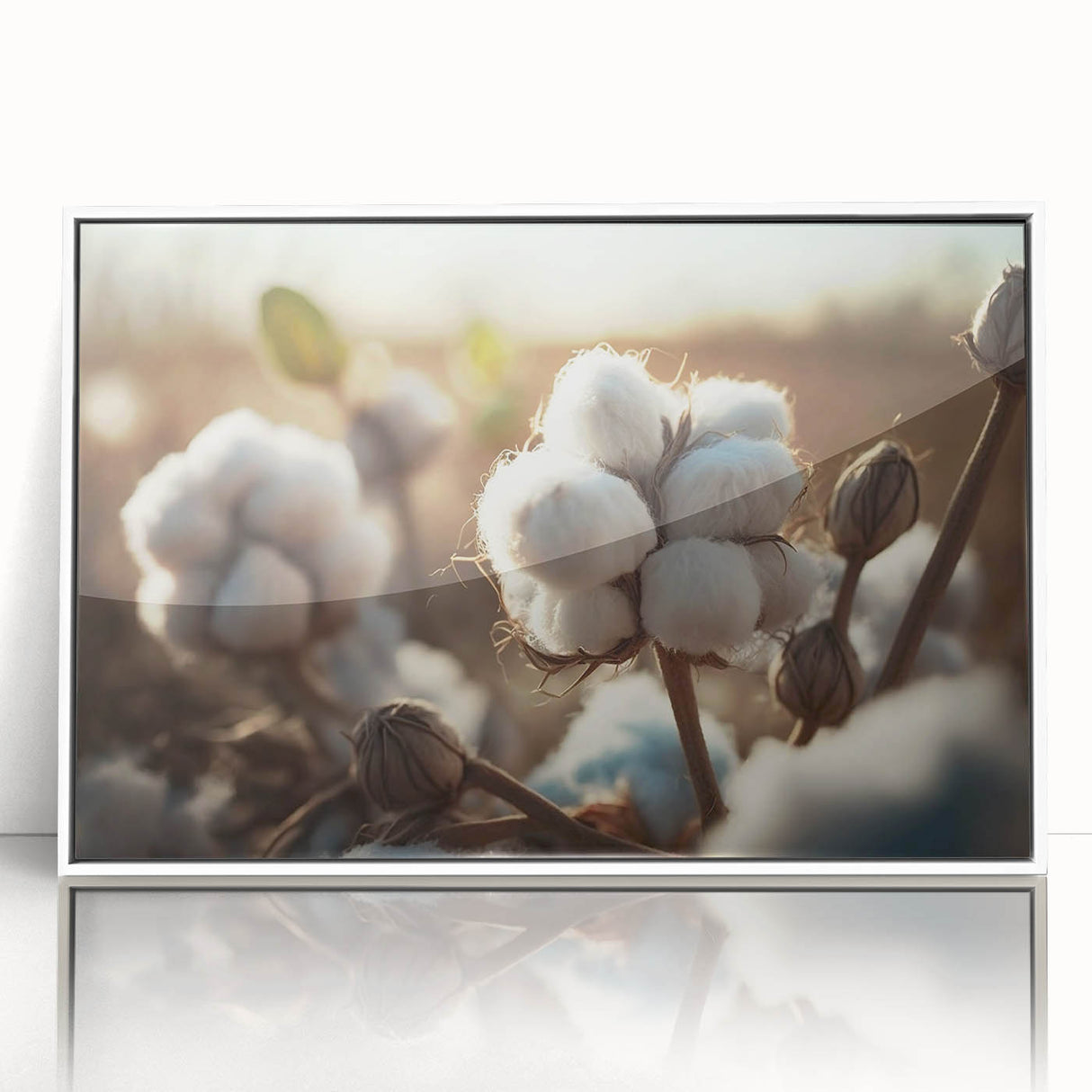 Framed botanical wall art print showcasing a vibrant floral design on cotton fabric, featuring a white frame and acrylic front for a modern decor accent.