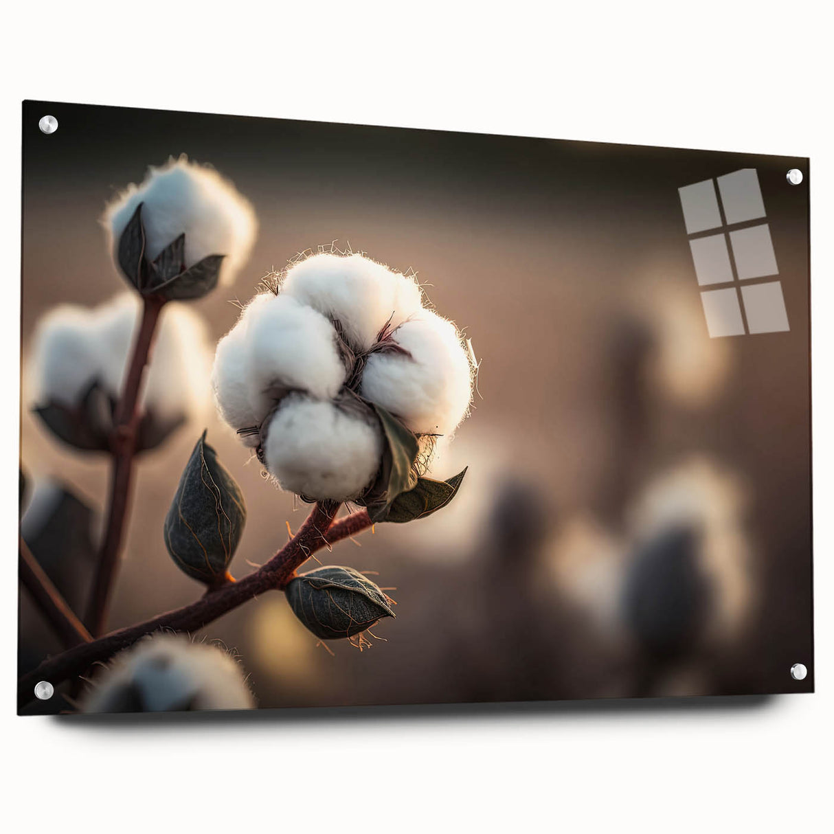 Acrylic wall art collection showcasing a botanical floral design printed on cotton, elegantly displayed from the side with visible mounting pins, perfect for home decor.